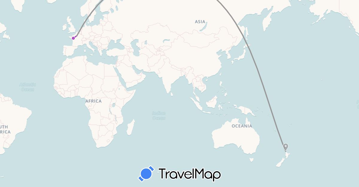 TravelMap itinerary: driving, plane, train in France, New Zealand (Europe, Oceania)